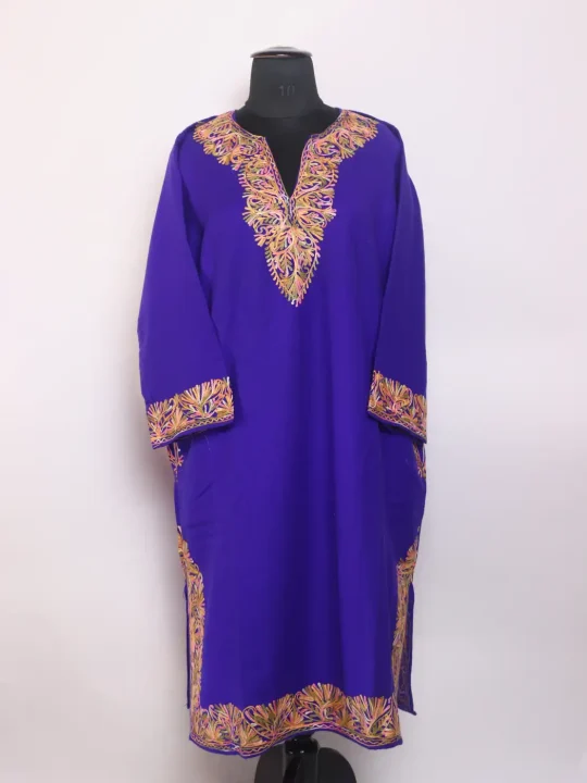 Purple Afroza Kashmiri Cashmilon Pheran For Women Daman With Aari Kaam