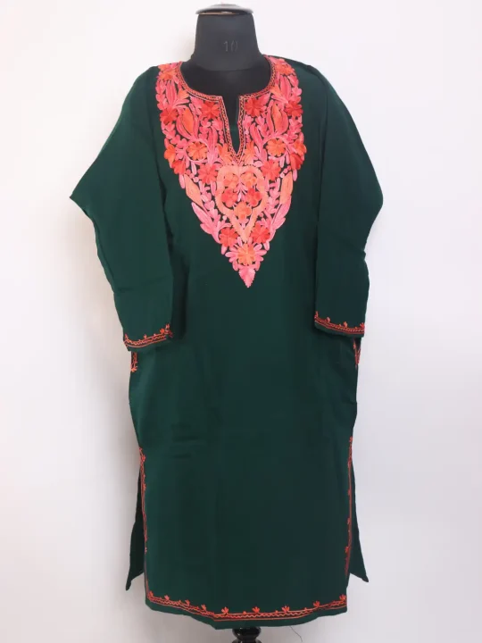 Kashmiri Gulshan Green Cashmilon Pheran For Women  With Aari Kadhai