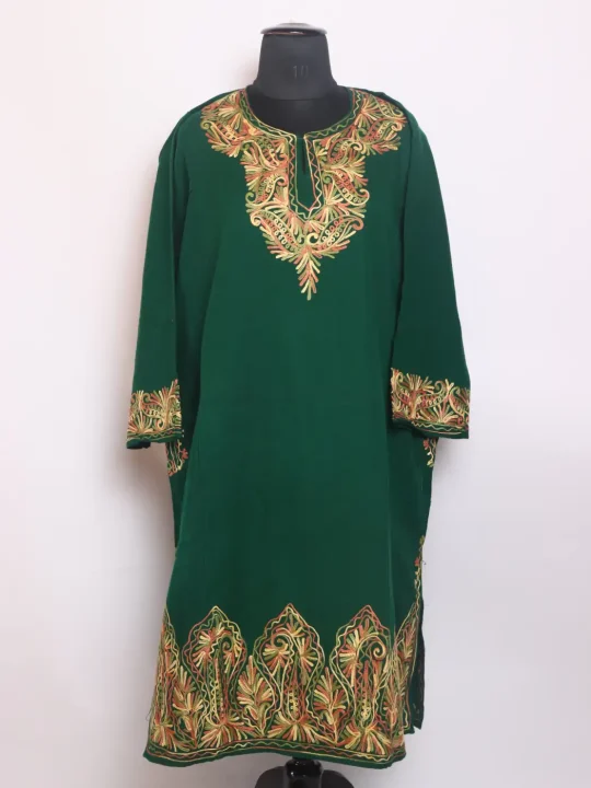 Kashmiri Zeba Cashmilon Green Pheran For Women With Daman Aari Work