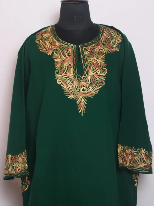 Kashmiri Zeba Cashmilon Green Pheran For Women With Daman Aari Work - Image 2