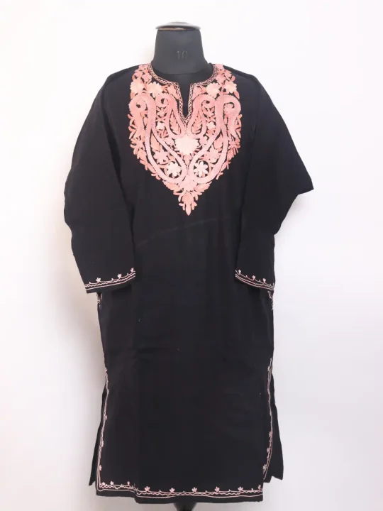 Black Kashmiri Farhana Cashmilon Pheran For Women With Aari Embroidery
