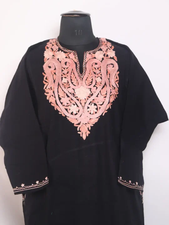 Black Kashmiri Farhana Cashmilon Pheran For Women With Aari Embroidery - Image 2