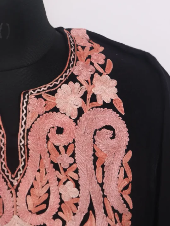 Black Kashmiri Farhana Cashmilon Pheran For Women With Aari Embroidery - Image 3