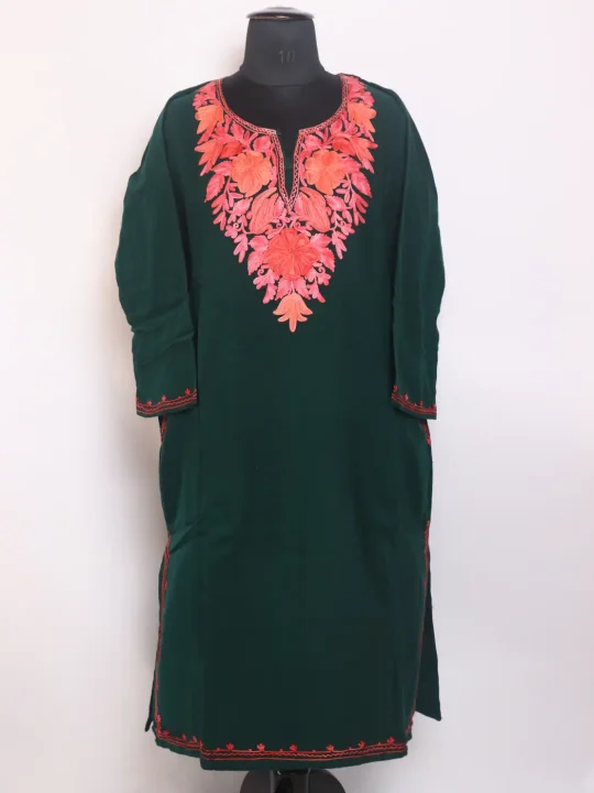 Kashmiri Saleema Cashmilon Green Pheran For Women With Aari Embroidery