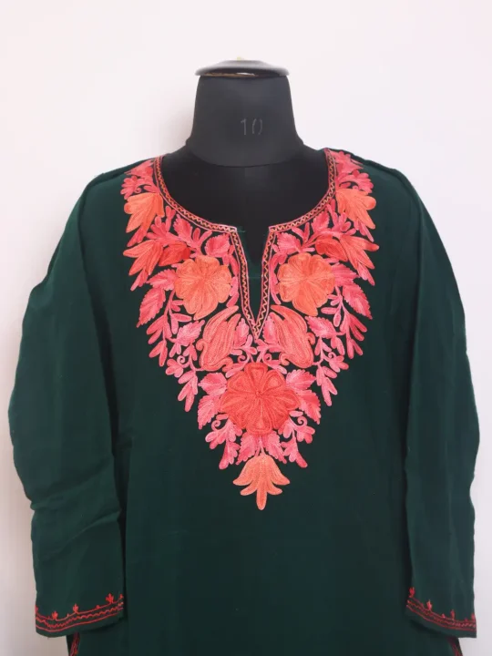 Kashmiri Saleema Cashmilon Green Pheran For Women With Aari Embroidery - Image 2