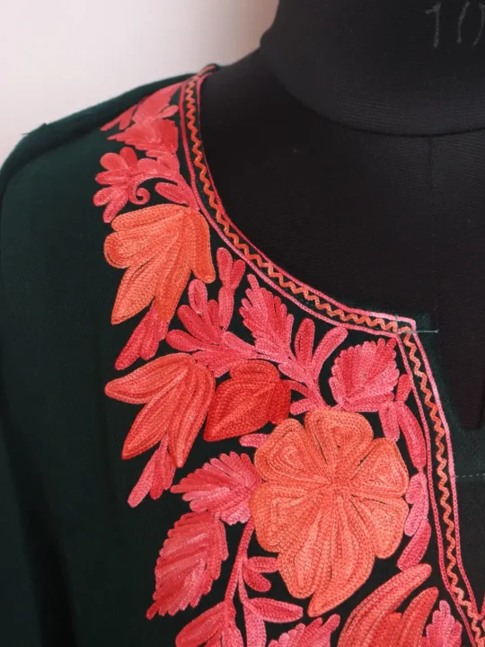 Kashmiri Saleema Cashmilon Green Pheran For Women With Aari Embroidery - Image 3