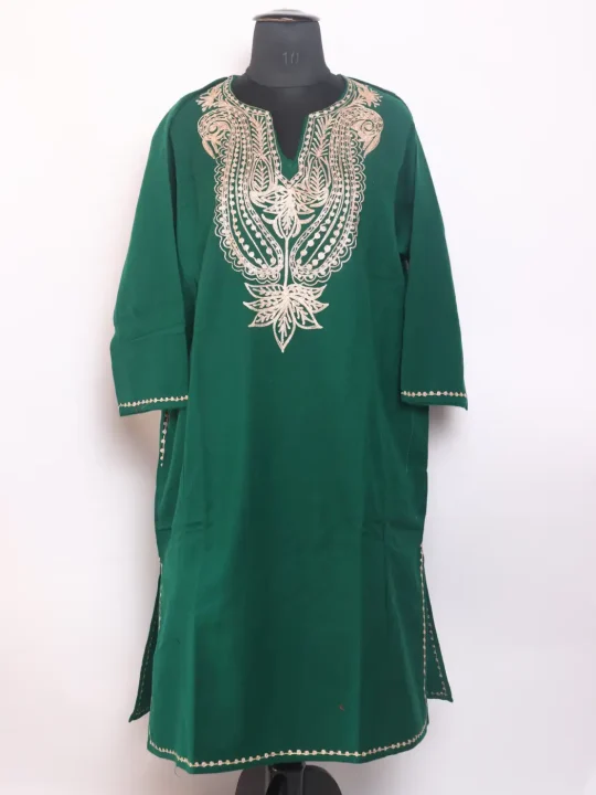 Green Kashmiri Cashmilon Pheran for Women With Zari Work Aabiro