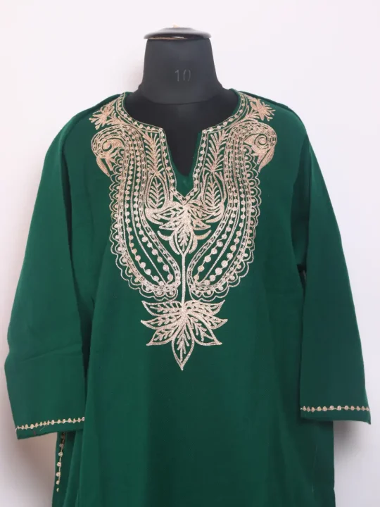 Green Kashmiri Cashmilon Pheran for Women With Zari Work Aabiro - Image 2