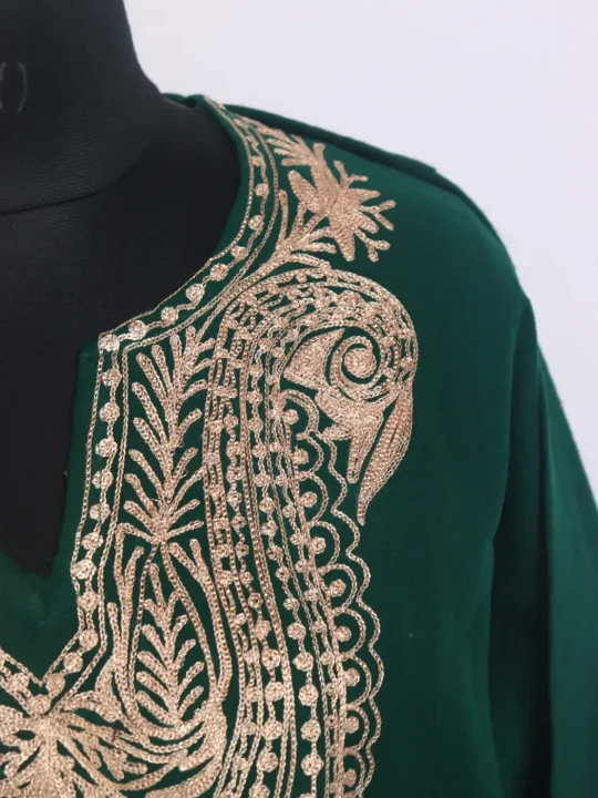 Green Kashmiri Cashmilon Pheran for Women With Zari Work Aabiro - Image 3