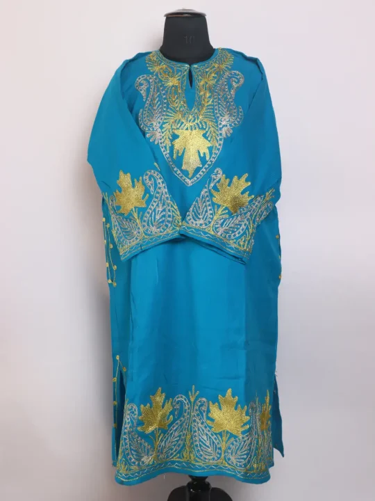 Kashmiri Cashmilon Tabu Blue Pheran for Women With Zari Embroidery