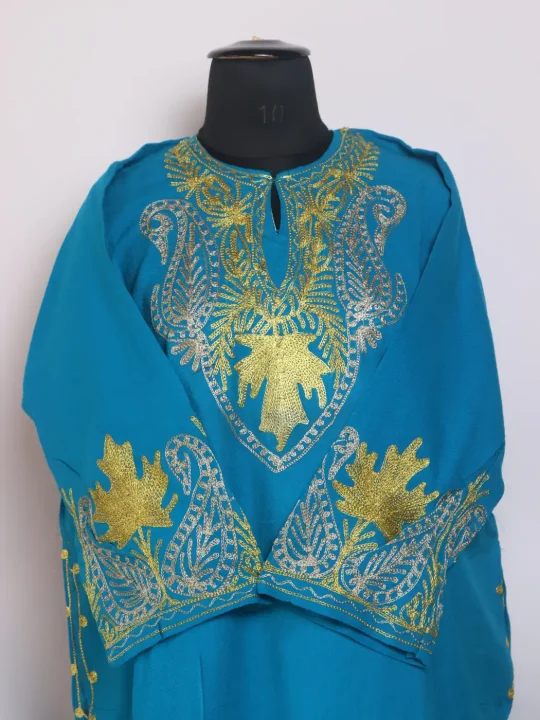 Kashmiri Cashmilon Tabu Blue Pheran for Women With Zari Embroidery - Image 2
