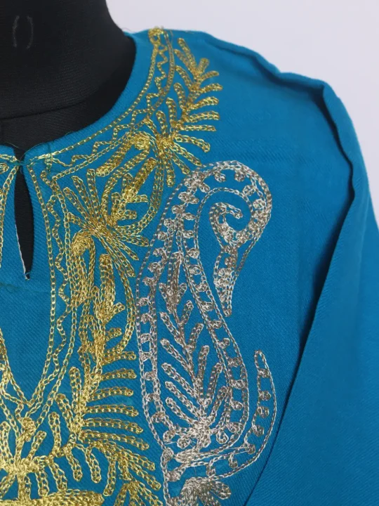Kashmiri Cashmilon Tabu Blue Pheran for Women With Zari Embroidery - Image 3