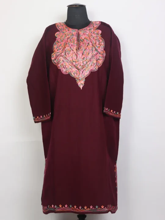 Kashmiri Sonzal Aari Embroidered Maroon Cashmilon Pheran