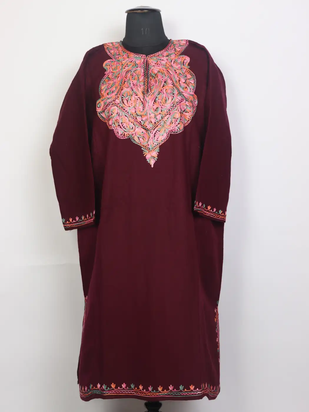 Kashmiri Sonzal Aari Embroidered Maroon Cashmilon Pheran