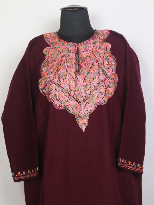 Kashmiri Sonzal Aari Embroidered Maroon Cashmilon Pheran - Image 2