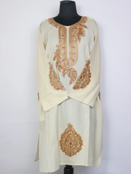 Gulbano Kashmiri Pheran With Botte Tilla Embroidery In Raffal Wool | Cream