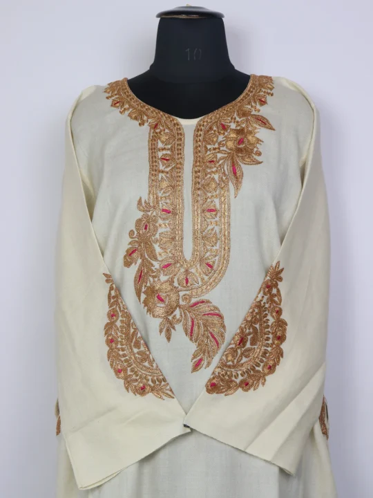 Gulbano Kashmiri Pheran With Botte Tilla Embroidery In Raffal Wool | Cream - Image 2