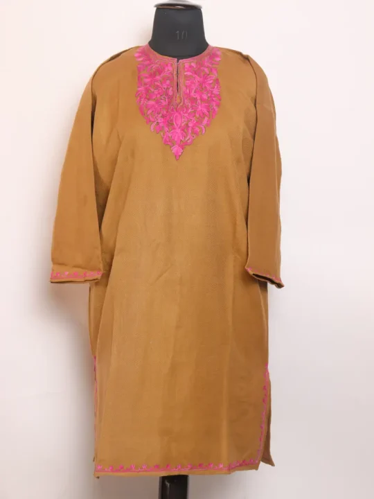 Mirha Kashmiri Girls Pheran in Brown Cashmilon Wool with Aari Work