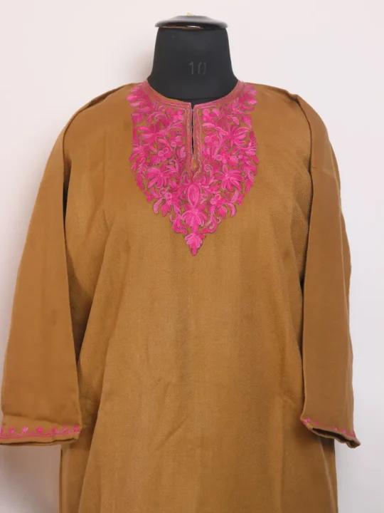 Mirha Kashmiri Girls Pheran in Brown Cashmilon Wool with Aari Work - Image 2