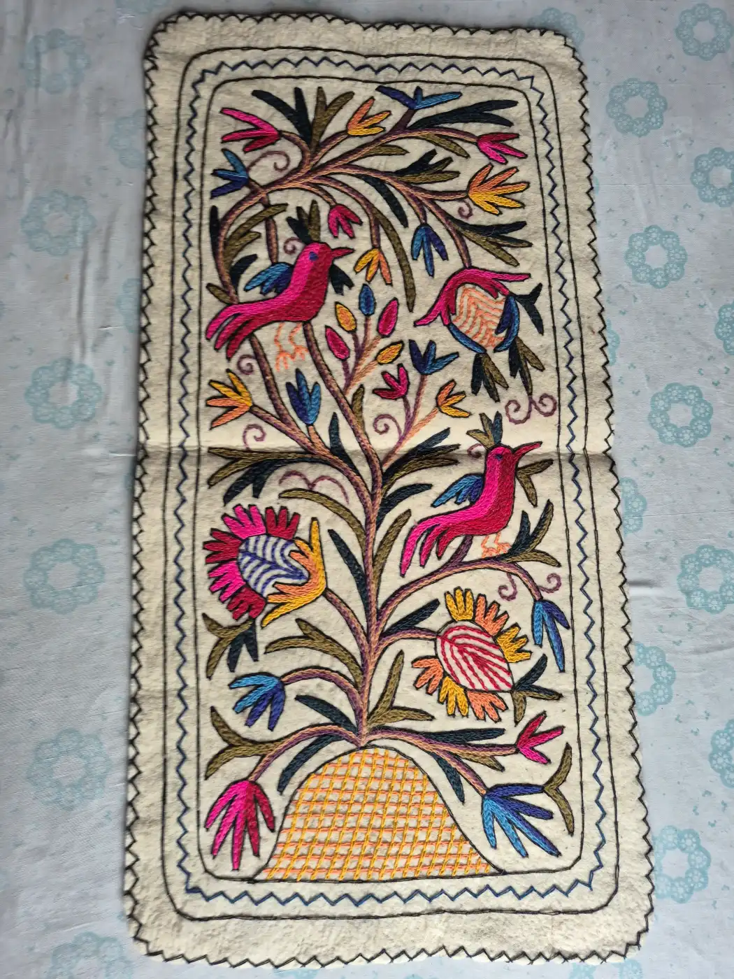 Kashmiri Hand Embroidered Namda Runner with Birds & Floral Motifs | 4x2 ft