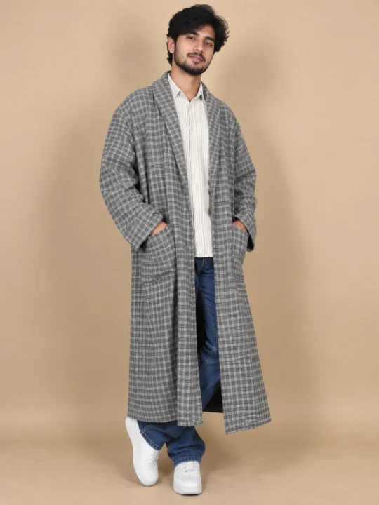 Qais Mens Kashmiri Winter Bathrobe Gown Handloom Tweed