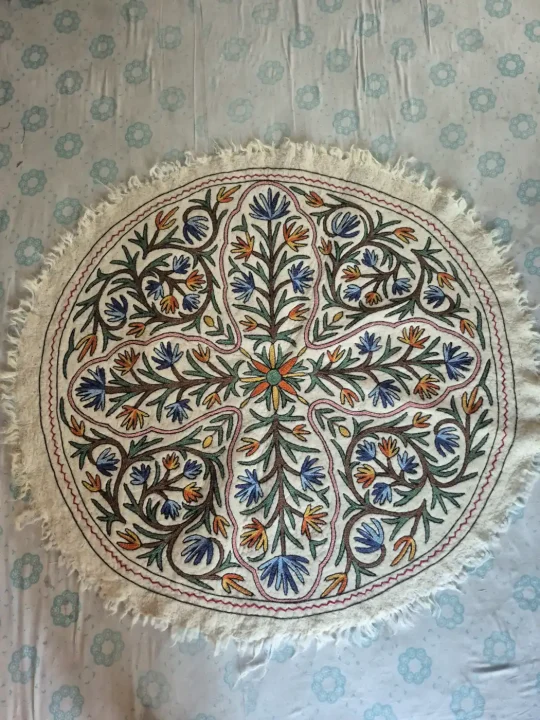 Kashmiri Namda Circular Rug with Botanical Starburst and Blue Floral Accents – 5x5 Feet