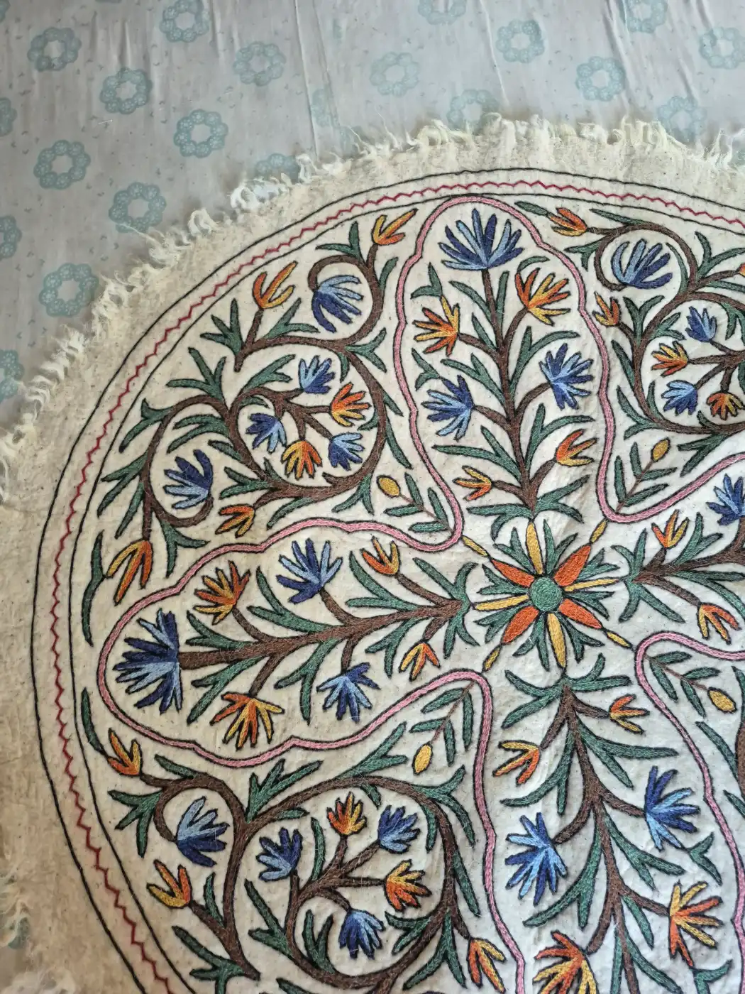 Kashmiri Namda Circular Rug with Botanical Starburst and Blue Floral Accents – 5x5 Feet - Image 3