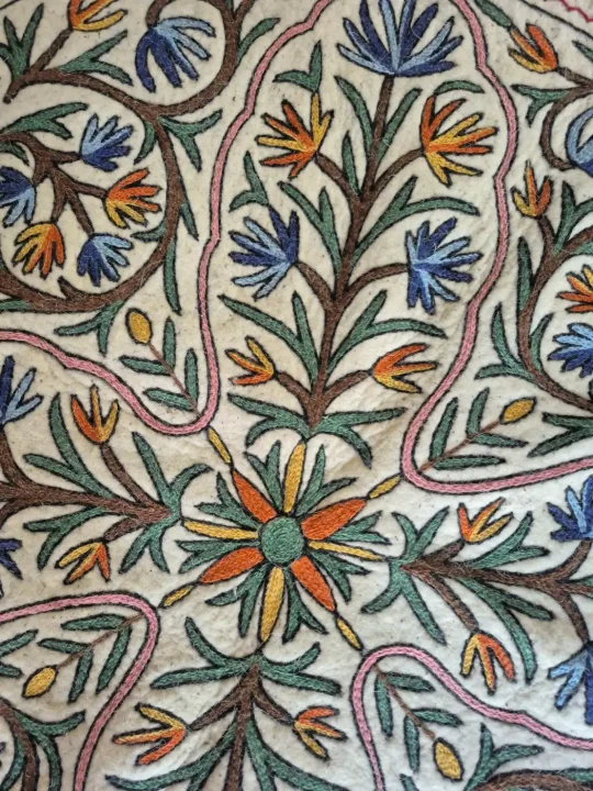 Kashmiri Namda Circular Rug with Botanical Starburst and Blue Floral Accents – 5x5 Feet - Image 4