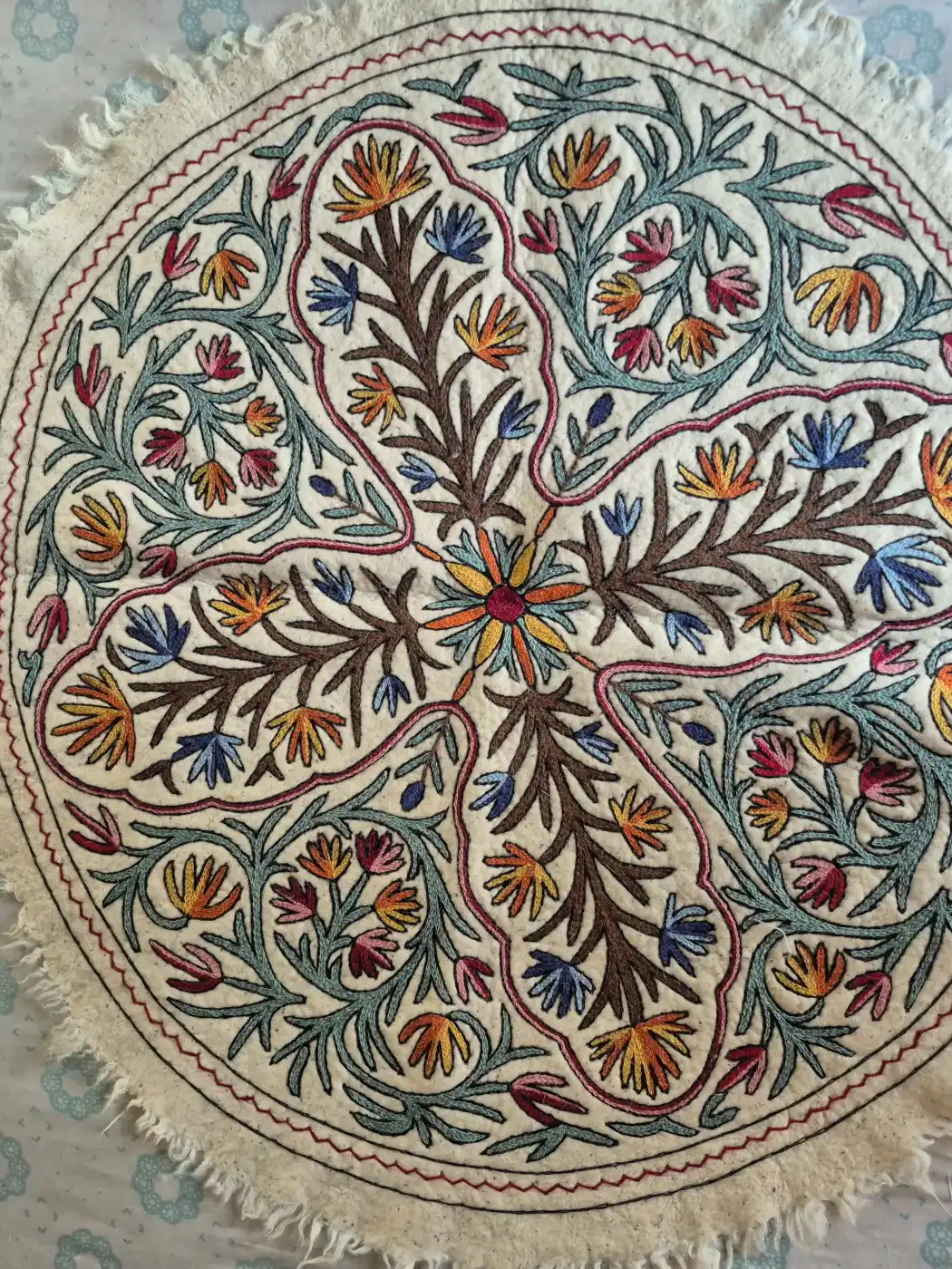 Kashmiri Namda Round Rug with Central Sunflower Medallion and Curved Floral Panels – 5x5 Feet - Image 2