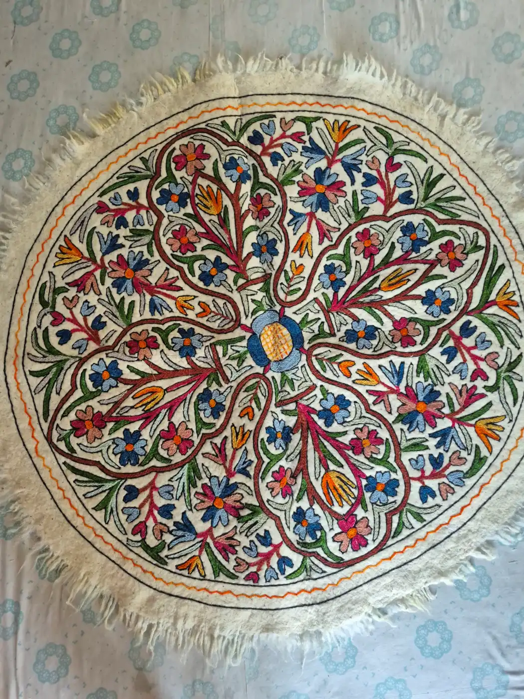 Kashmiri Namda Round Rug with Central Sunflower Medallion and Curved Floral Panels – 5x5 Feet