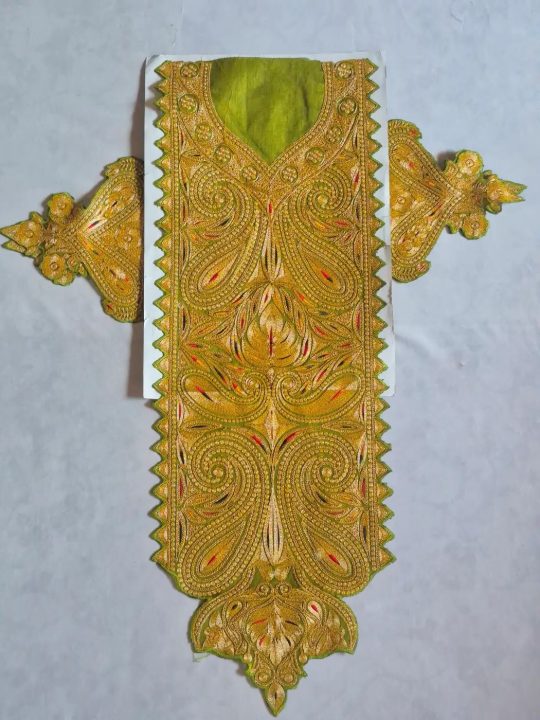Jabeen Kashmiri Olive Green Long Neck Tilla Patch Set with 4 Matching Patches