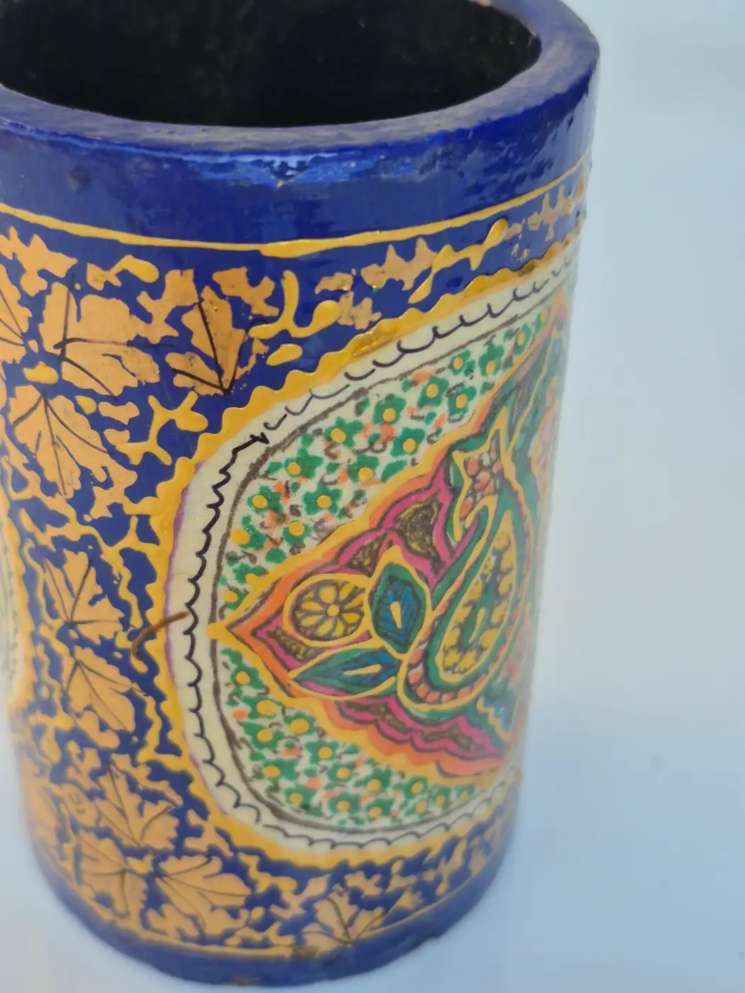 Kashmiri Paper Machie Brush Pen Holder | Naqsh Blue Paisley Design - Image 3