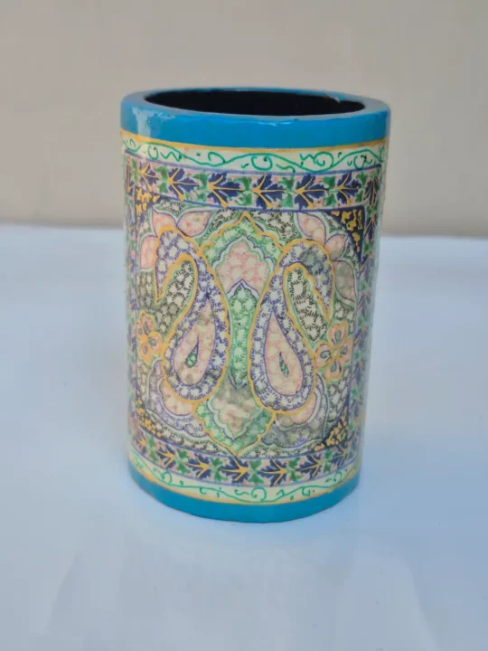 Firdous Kashmiri Paper Machie Brush Pen Holder | Turquoise Paisley Design