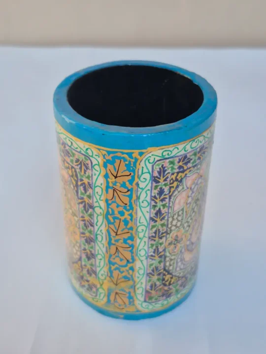 Firdous Kashmiri Paper Machie Brush Pen Holder | Turquoise Paisley Design - Image 2