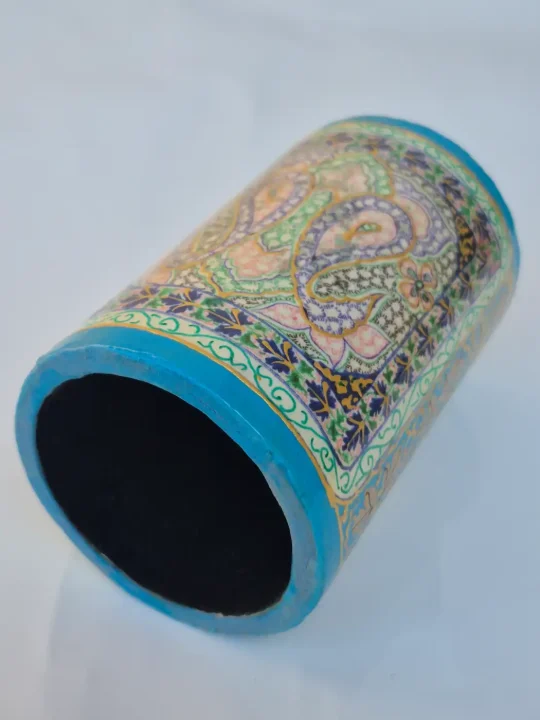 Firdous Kashmiri Paper Machie Brush Pen Holder | Turquoise Paisley Design - Image 3