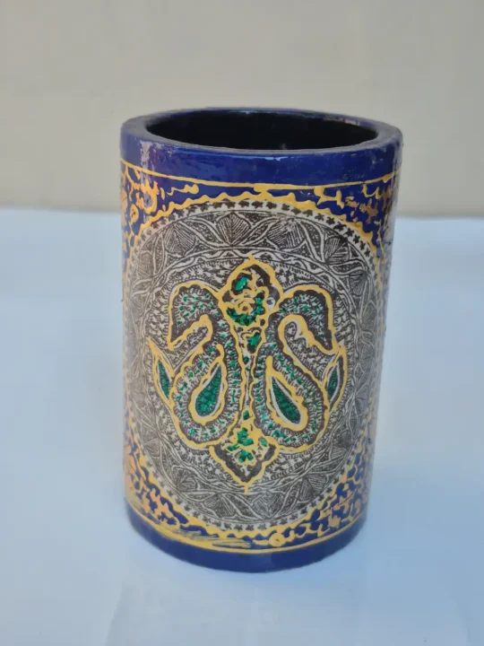 Kashmiri Paper Machie Brush Pen Holder | Dalgate Dark Blue Paisley Design