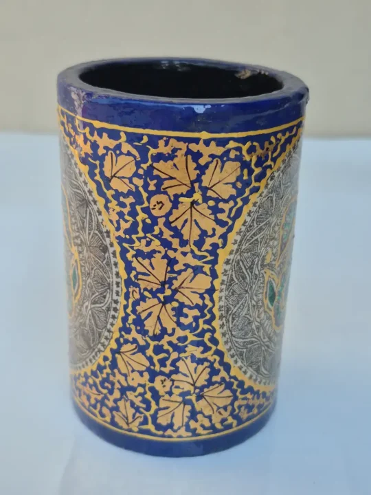 Kashmiri Paper Machie Brush Pen Holder | Dalgate Dark Blue Paisley Design - Image 2
