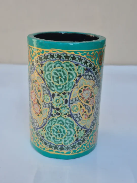 Mehfil Kashmiri Green Paper Machie Brush Pen Holder Floral Design