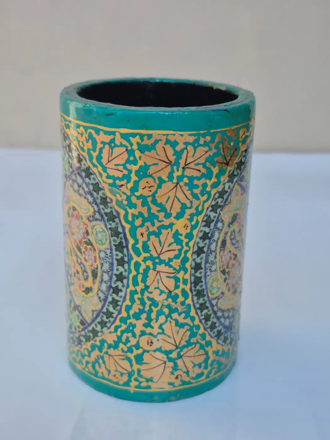 Mehfil Kashmiri Green Paper Machie Brush Pen Holder Floral Design - Image 2