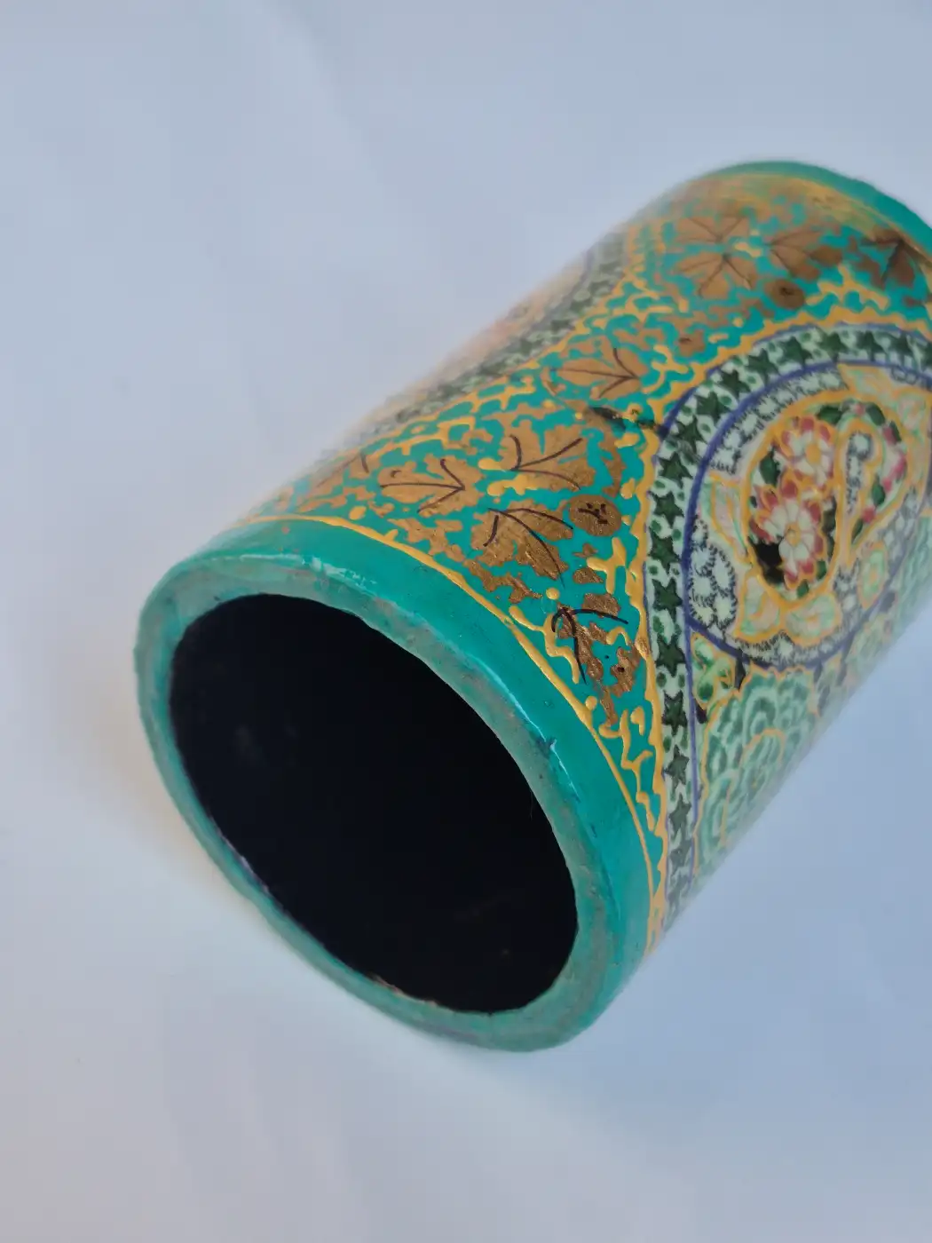 Mehfil Kashmiri Green Paper Machie Brush Pen Holder Floral Design - Image 3