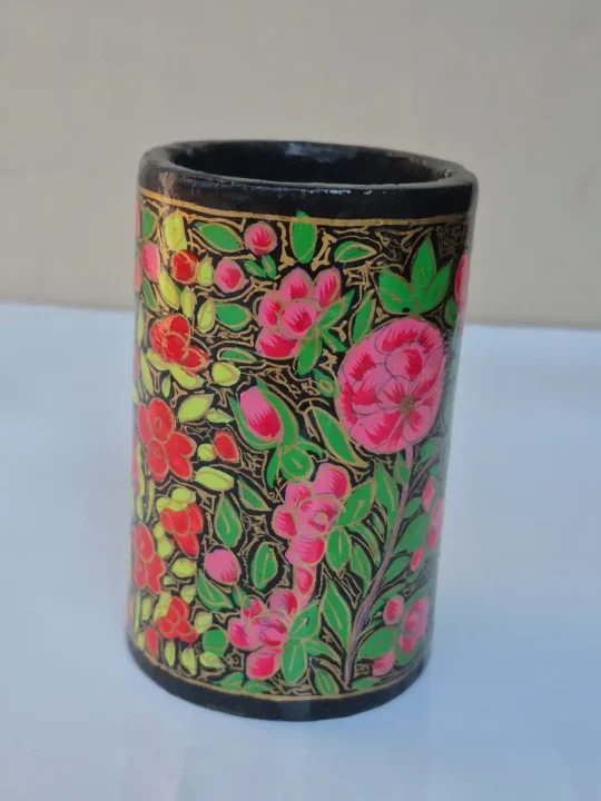 Kashmiri Paper Machie Brush Pen Holder | Bahaar Black Floral Garden Design