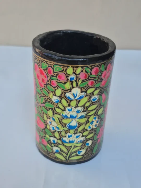 Kashmiri Paper Machie Brush Pen Holder | Bahaar Black Floral Garden Design - Image 3