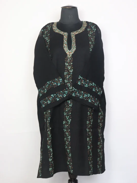 Black Kashmiri Pheran In Raffal Wool With Hand Sozni Embroidery | Naaz