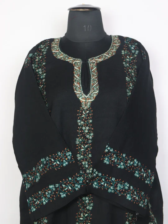 Black Kashmiri Pheran In Raffal Wool With Hand Sozni Embroidery | Naaz - Image 2