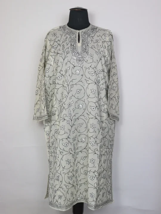 Cream Kashmiri Pheran Raffal In Wool With Hand Sozni Paper Mache Jaal Work | Jabeen