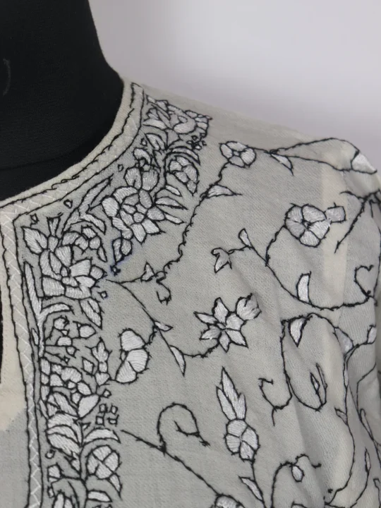 Cream Kashmiri Pheran Raffal In Wool With Hand Sozni Paper Mache Jaal Work | Jabeen - Image 3