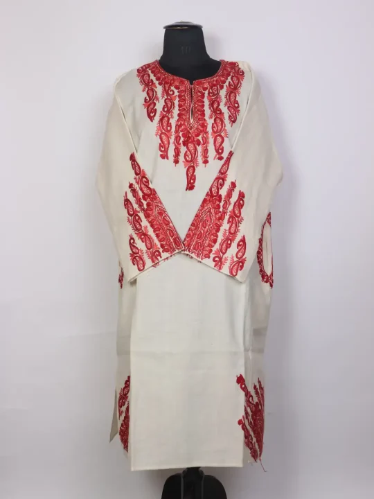 White Kashmiri Pheran Gulnaar with Hand Aari Work in Raffal Wool