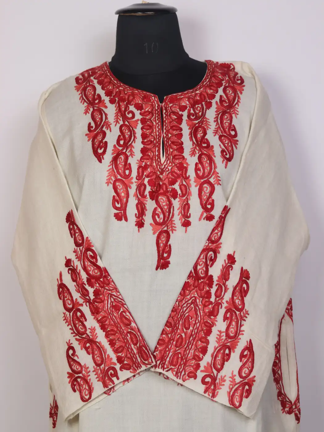 White Kashmiri Pheran Gulnaar with Hand Aari Work in Raffal Wool - Image 2