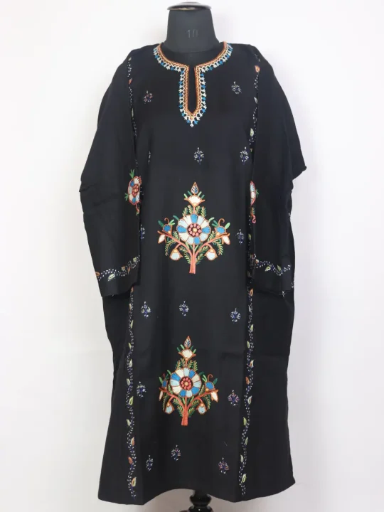Gurez Raffal Wool Black Kashmiri Pheran With Hand Sozni and Hand Aari Work