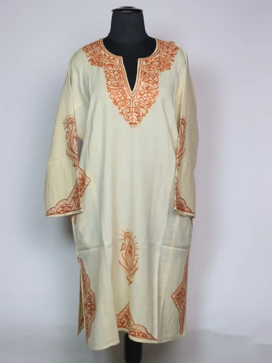 White Kashmiri Pheran In Raffal Wool With Hand Aari | Rekhta